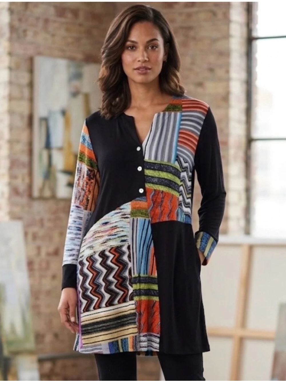 Parsley & Sage Women's L Tunic Shirt Top / Dress Abstract Art Patchwork